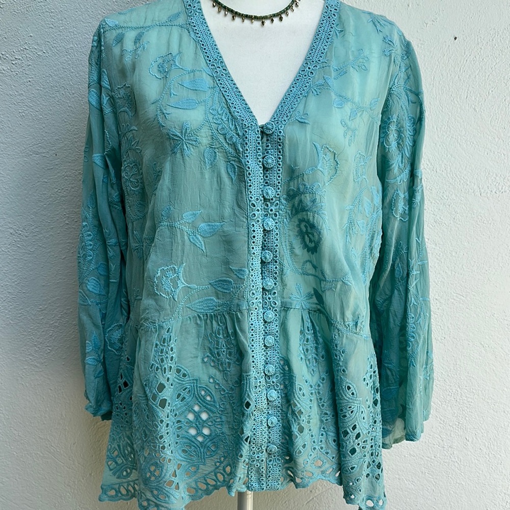 JohnnyWas L Blue Embellished  3/4 bell Sleeve Blouse